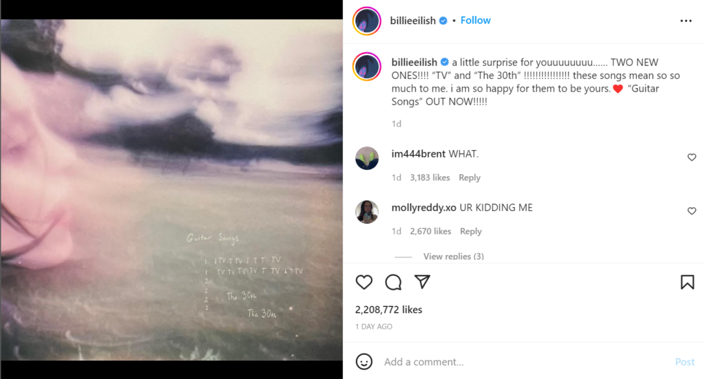 Billie Eilish Instagram Post Announcing Release of Guitar Songs