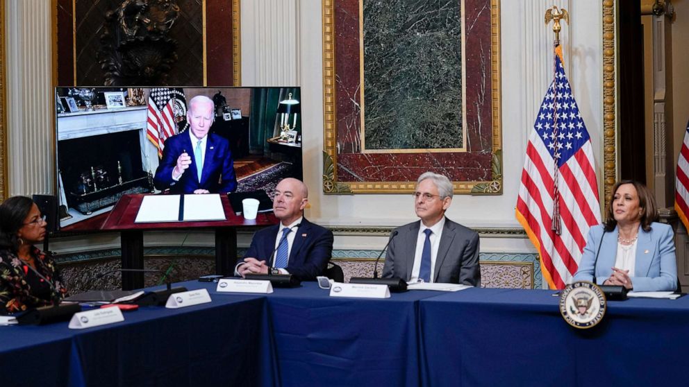 President Joe Biden speaks virtually during the first meeting of the interagency Task Force on Reproductive Healthcare Access at the White House complex in Washington, D.C., Aug. 3, 2022.