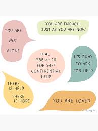 an image with sayings like you are not alone, you are enough just as you are now, dial 988 or 211 for 24/7 confidential help, its okay to ask for help, you are loved, and there is help, there is hope
