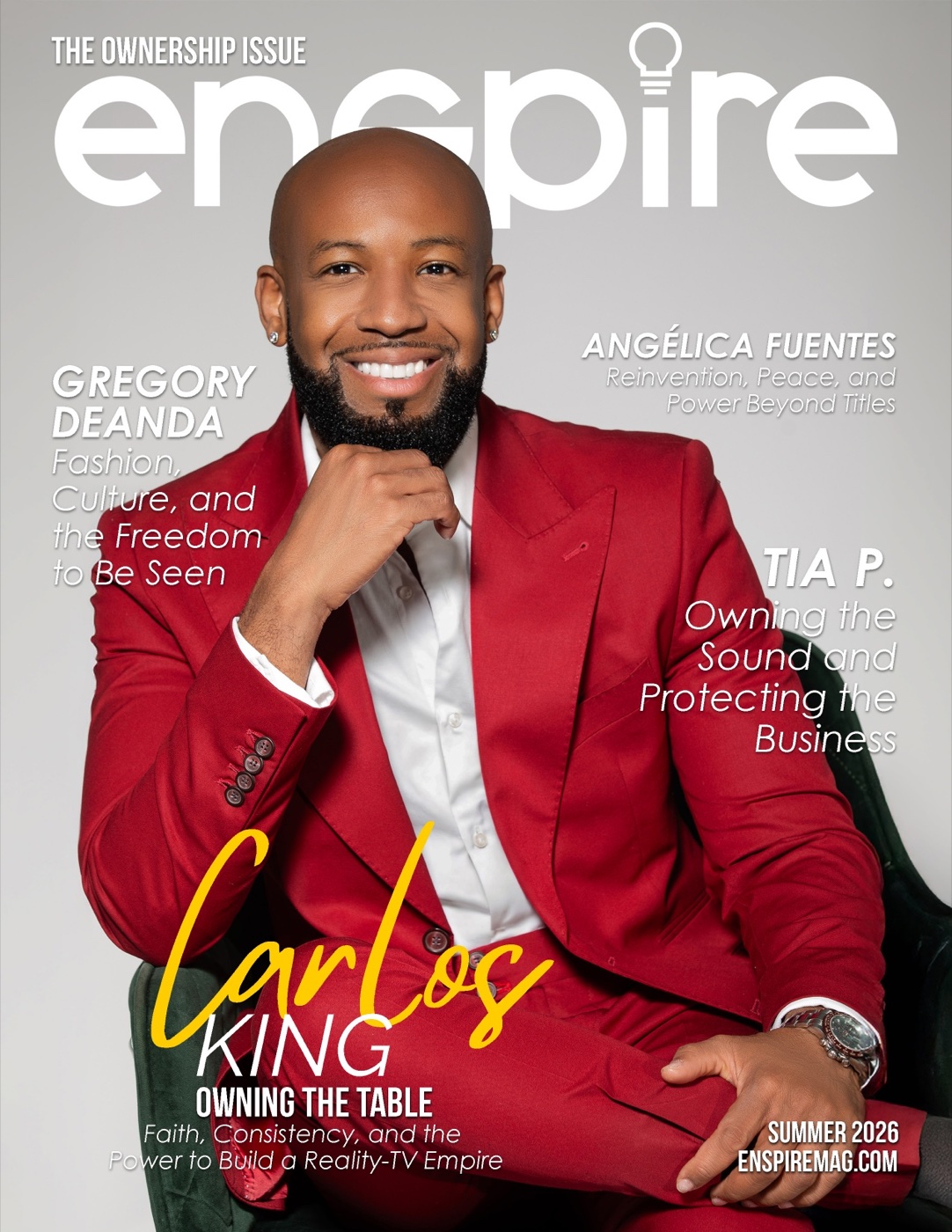 Carlos King in a red suit on the cover of ENSPIRE Magazine's Ownership and Power Issue